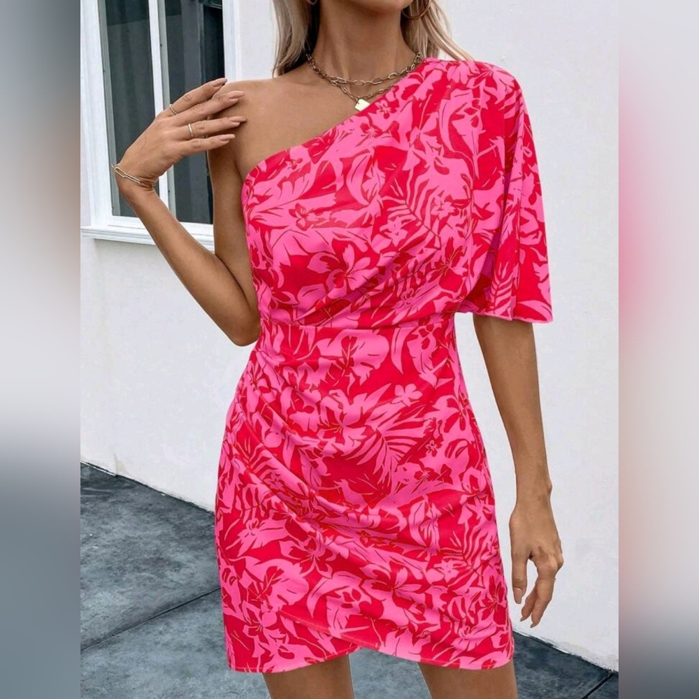New Tropical Floral One Shoulder Draped Short Dress Hot Pink Red - Picture 6 of 8